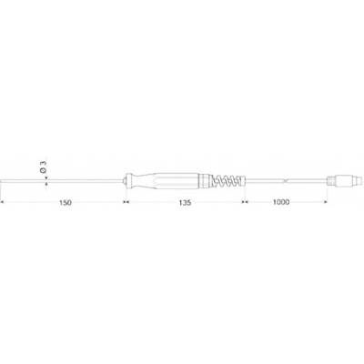 Technical drawing of a cable with dimensions: diameter 3 mm, length sections 150 mm, 135 mm and 1000 mm.