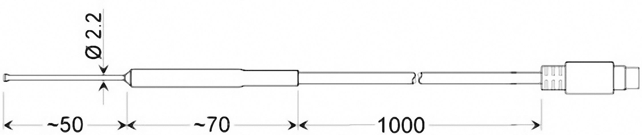Diagram of an elongated object with dimensions. Left: Ø 2.2. Sections of lengths ~50, ~70 and 1000 mm, end piece on right.
