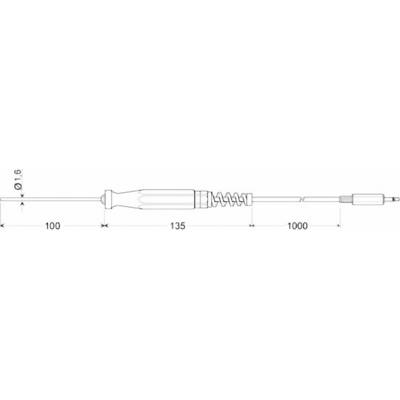 'Technical drawing of a tool with handle, spring and cable. Length: 135 mm, Cable: 1000 mm, Diameter: 0.16 mm.'