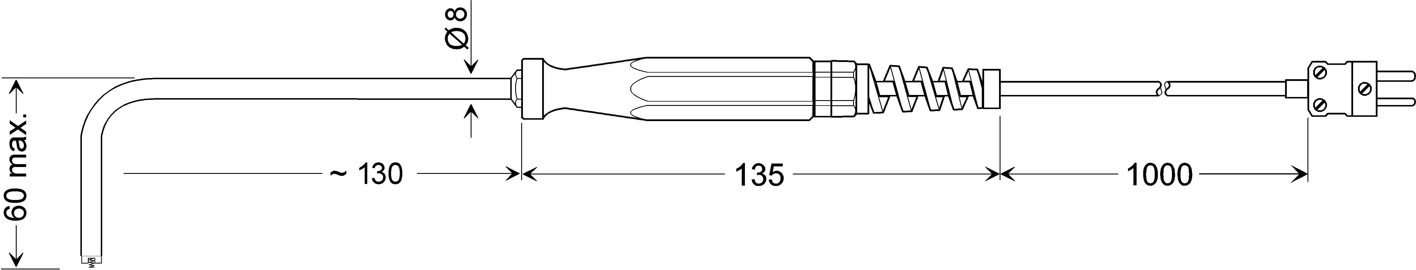 Technical drawing of a spanner: curved head (60 mm), handle (135 mm), overall length (1300 mm). Top view.
