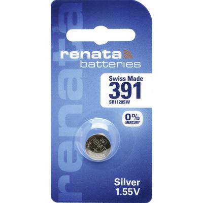 Renata Button Cell Battery 391, Swiss Made, 1.55V, silver, mercury-free, mounted on blue cardboard.