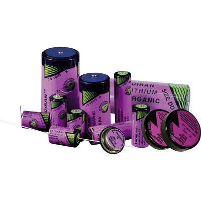 Various purple-green lithium batteries in different sizes and shapes are displayed on a white background.