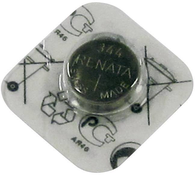 A Renata button cell battery in packaging, showing the number 344 and 'Swiss Made'. Packaging has recycling symbols.