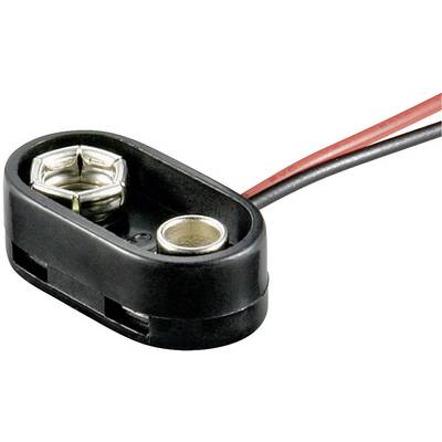 A black battery clip with two metal press studs and red and black cables for connecting to a 9-volt battery.
