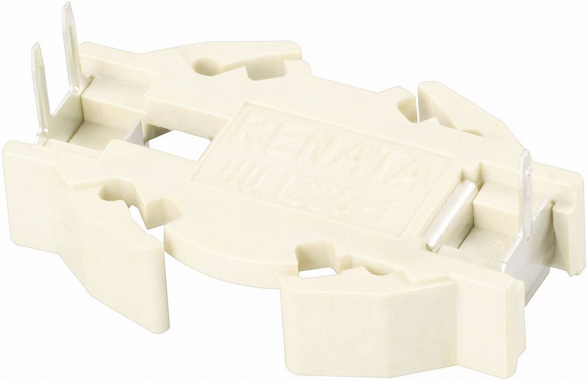 A cream-coloured plastic battery contact with the inscription 'RENATA PU1225-1', suitable for button cell batteries.