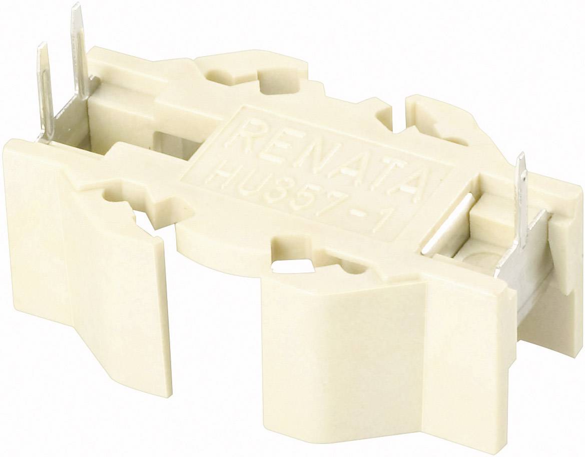 Beige battery holder with 'RENATA HU857-1' printed on it, showing connection points for button cell batteries.