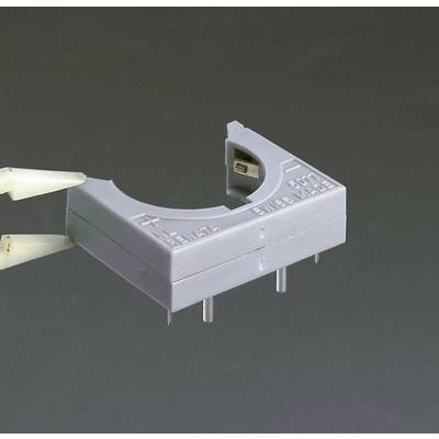 A grey component with a curved shape and two visible pins is being held by a white robotic arm.
