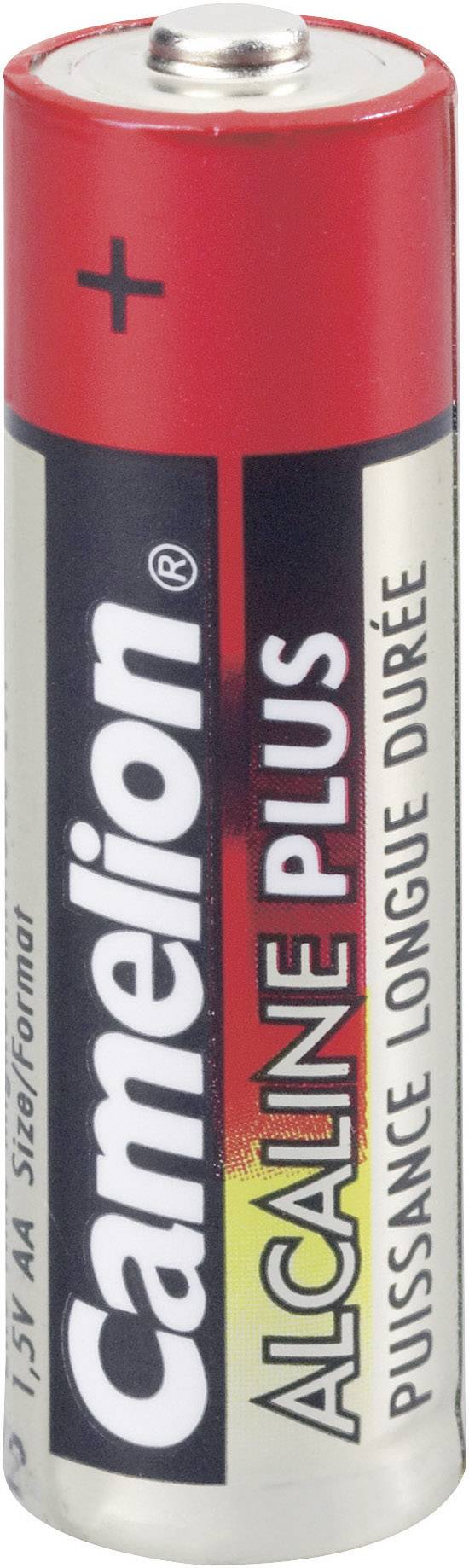 A red AA alkaline battery by Camelion with the inscription 'ALKALINE PLUS' and 'LONG-LASTING POWER' on the packaging.