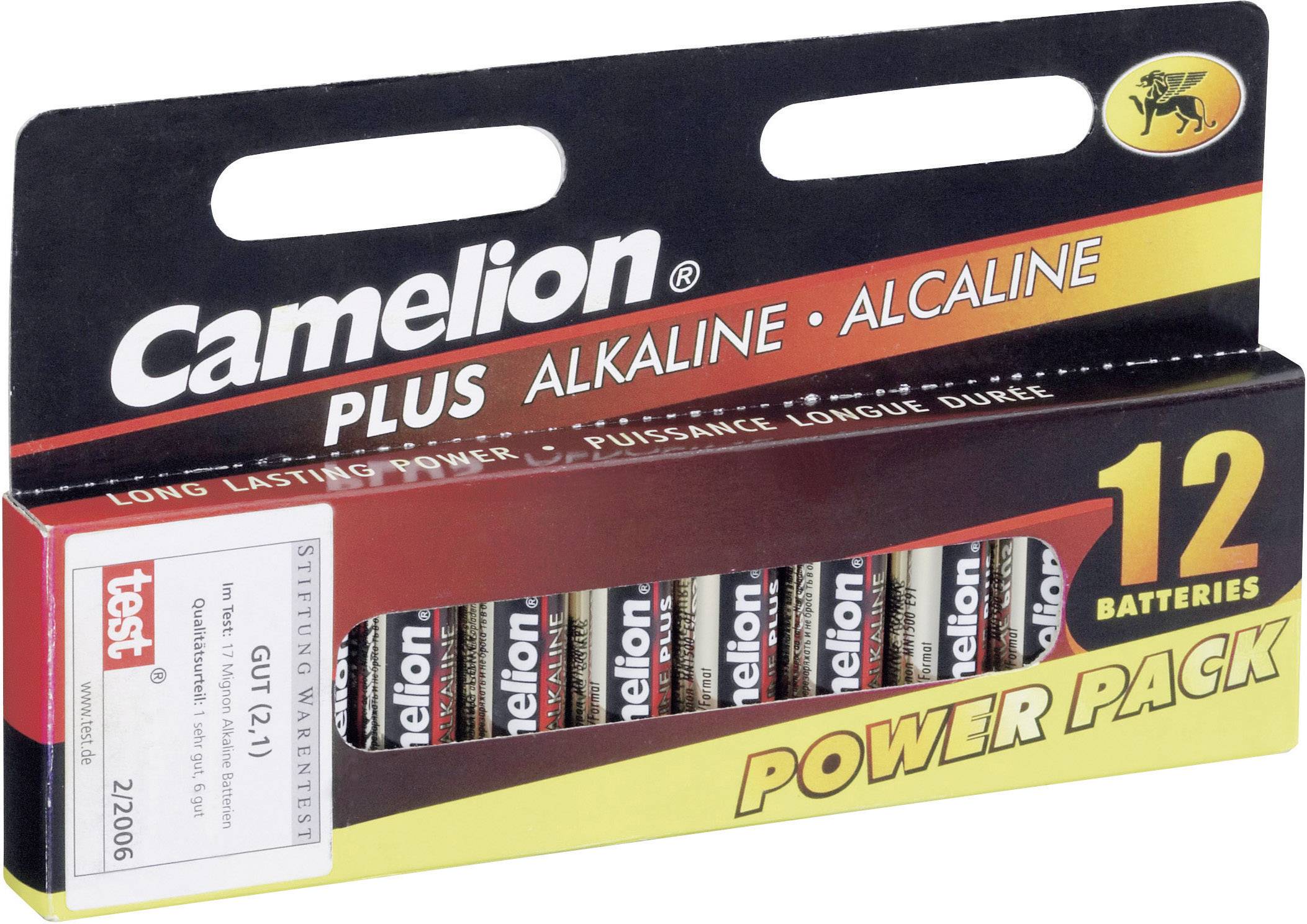 Camelion Plus Alkaline Power Pack with 12 Batteries, Yellow and Red Packaging Design, 'Stiftung Warentest-GOOD' (Foundation Product Test-GOOD).