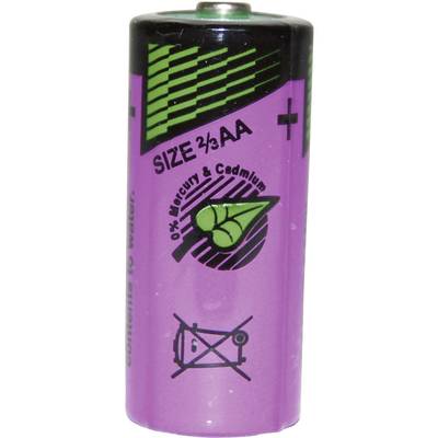 Lila Battery with green symbol, inscription '0% Mercury & Cadmium'. Text 'SIZE 2/3 AA' at the top. Symbol indicating not to dispose of in general waste.