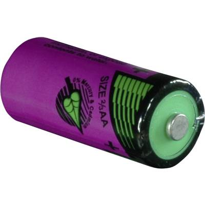 Lilac-cylindrical AA battery with a green symbol on the side, displaying polarity markings at the ends.