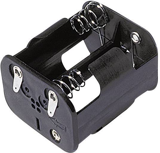 A black battery holder for two batteries with metal springs for stabilisation and contacts for electrical flow.