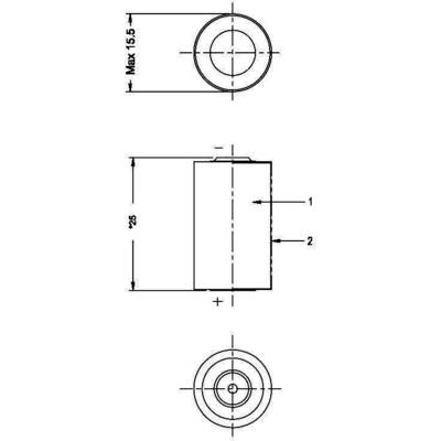 Technical drawing of a cylindrical component with dimensions: max. diameter 15.5 mm, length 25 mm. Shows front, side, and top views.