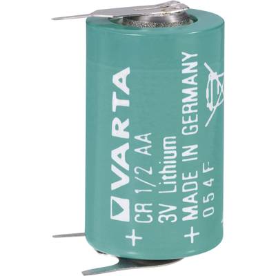 'A VARTA CR 1/2 AA 3V lithium battery, green, with the inscription "MADE IN GERMANY" and polarity symbol.'