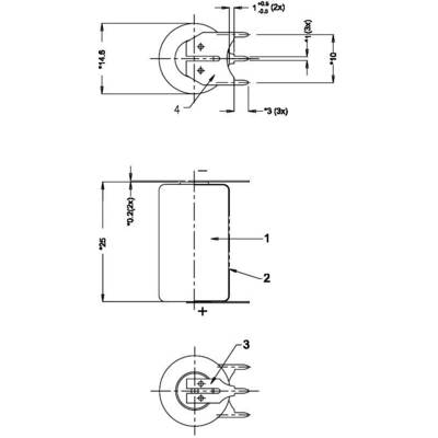 Technical drawing of a battery with dimensions and labels. Top: Circular view ø 14.6 mm. Middle: Side view height 2.75 mm. Bottom: Top view with polarity indications.