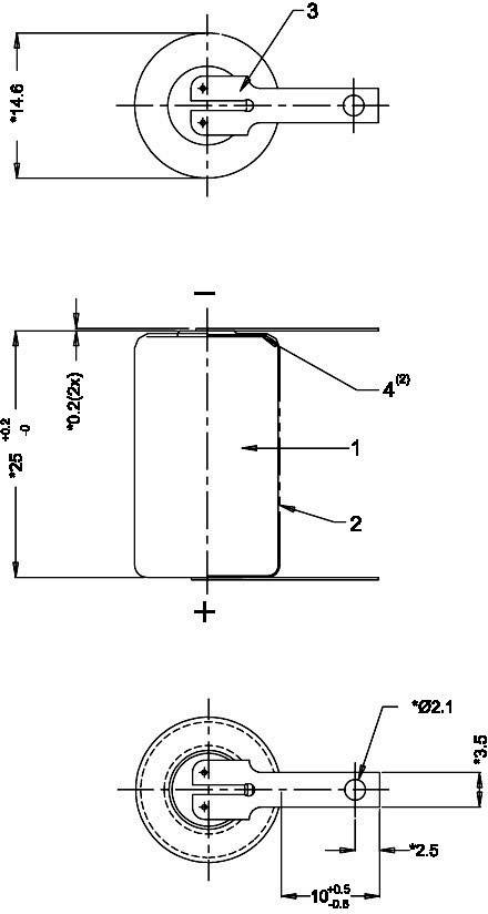 Technical drawing of a wheel with side and front views. Dimensions and diameter are indicated. Main components are labelled.