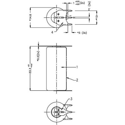 Technical drawing of a cylinder with radial view and dimensions, showing two perspectives: side and front view with dimensional annotations.