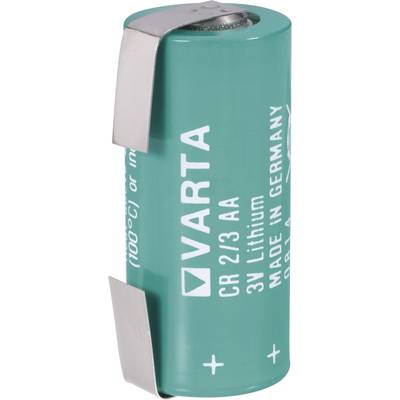 A green VARTA lithium battery, model CR 2/3 AA, with a voltage of 3V. Manufactured in Germany.