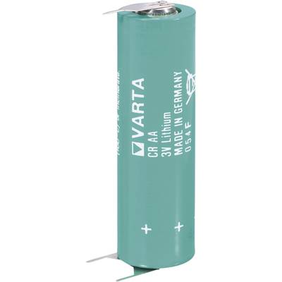 Green Varta lithium button cell battery, standing upright, with visible positive and negative poles, manufactured in Germany.
