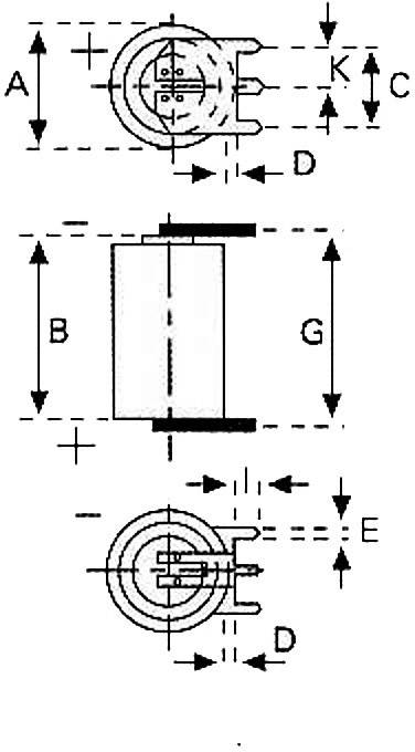 Technical drawing shows three views of a cylindrical component with markings for dimensions A, B, C, D, E, G and K.
