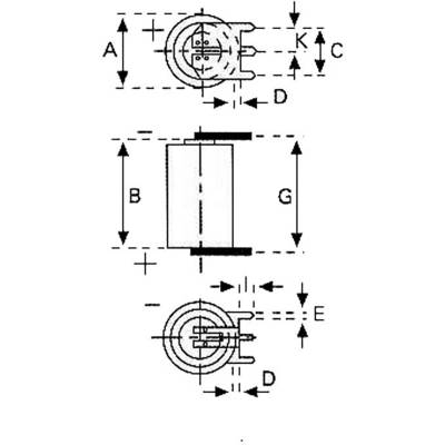 Technical drawing shows three views of a cylindrical component with markings for dimensions A, B, C, D, E, G and K.