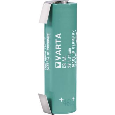 Green Varta CR AA 3V lithium battery, manufactured in Germany, with positive and negative markings.
