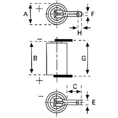 Technical drawing of a cylindrical object with dimensional annotations A, B, C, E, F, G, H, illustrated from various perspectives.