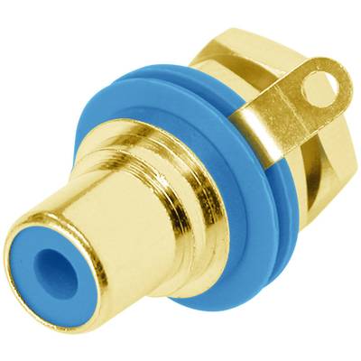 A golden RCA socket plug with blue insulation and mounting tab, for connecting audio devices.