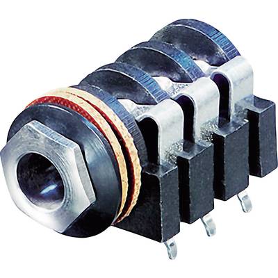 Black and orange connector with five metal contacts, suitable for electronic devices.