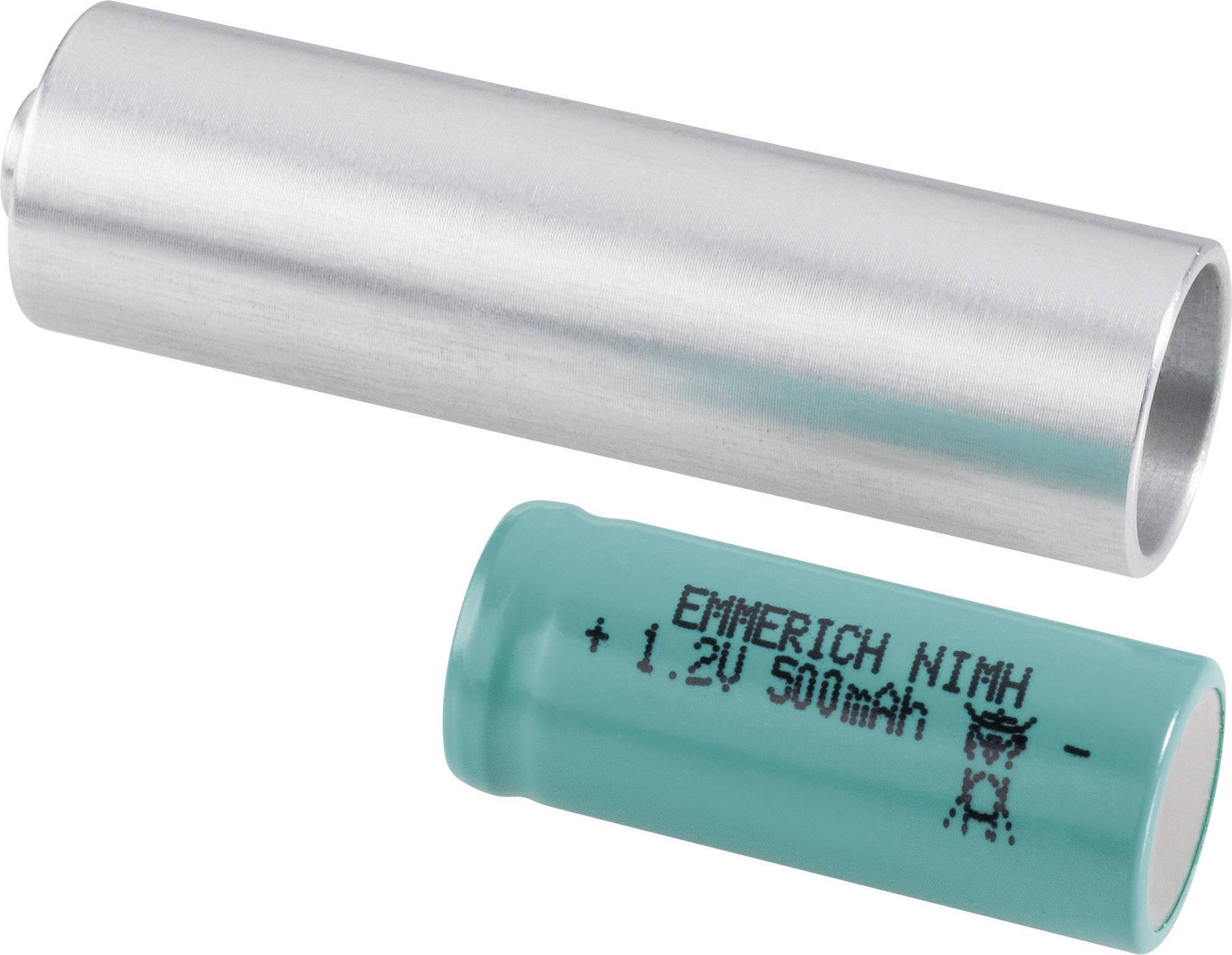 A silver casing and a green battery with the inscription 'EMMERICH NIMH +1.2V 500mAh'. The battery fits into the casing.