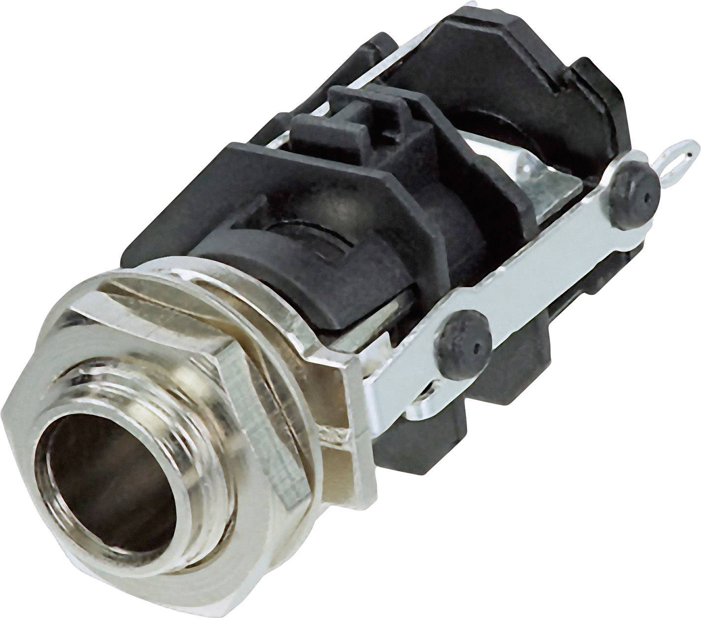 A black and silver connector with a cylindrical metal part and plastic housing. Used for cable connections.