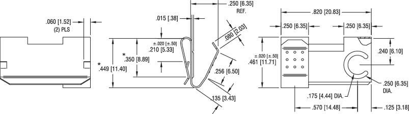 Technical drawing of a component with dimensions in inches. Shows side, sectional, and front views with detailed measurements and angles.