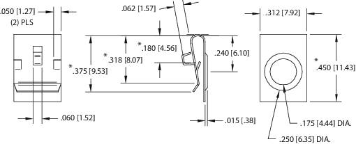 Technical drawing of a connector with dimensions in inches and millimetres. Shows front, side, and top views with detailed measurements.