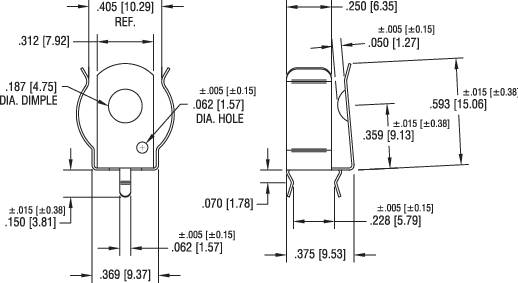 Technical drawing of an electronic component with dimensions in inches and millimetres, showing top and side views.