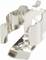 Metal clip for securing round objects, silver-coloured, constructed from robust material, with holes for screw attachment.