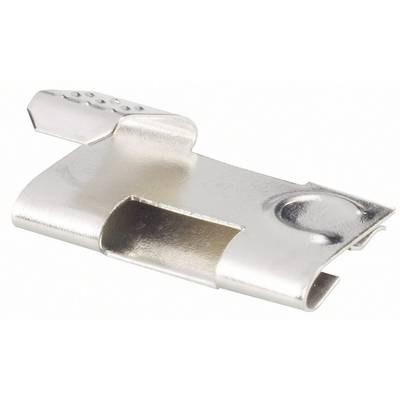 A silver metal clip for securing objects, flat and rectangular with rounded edges and a small recessed surface.