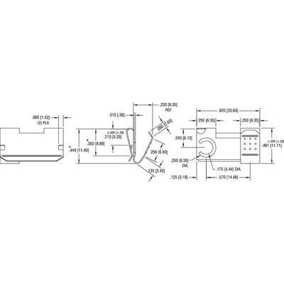 Technical drawing of a mechanical part with multiple dimensional specifications. Primary measurements include width, height, and diameter of various sections.