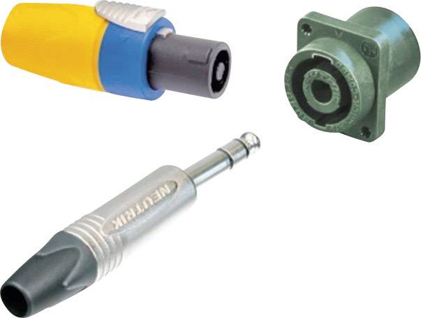 Three different audio connectors: Top left, a yellow/blue plug connector, right a green socket input, bottom a silver jack plug.