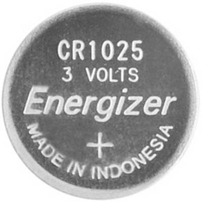 Energizer CR1025 round button cell, 3 volts, manufactured in Indonesia.