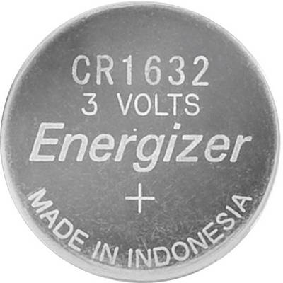 Round button cell with the inscription 'CR1632 3 Volts Energizer, Made in Indonesia' on the top surface.