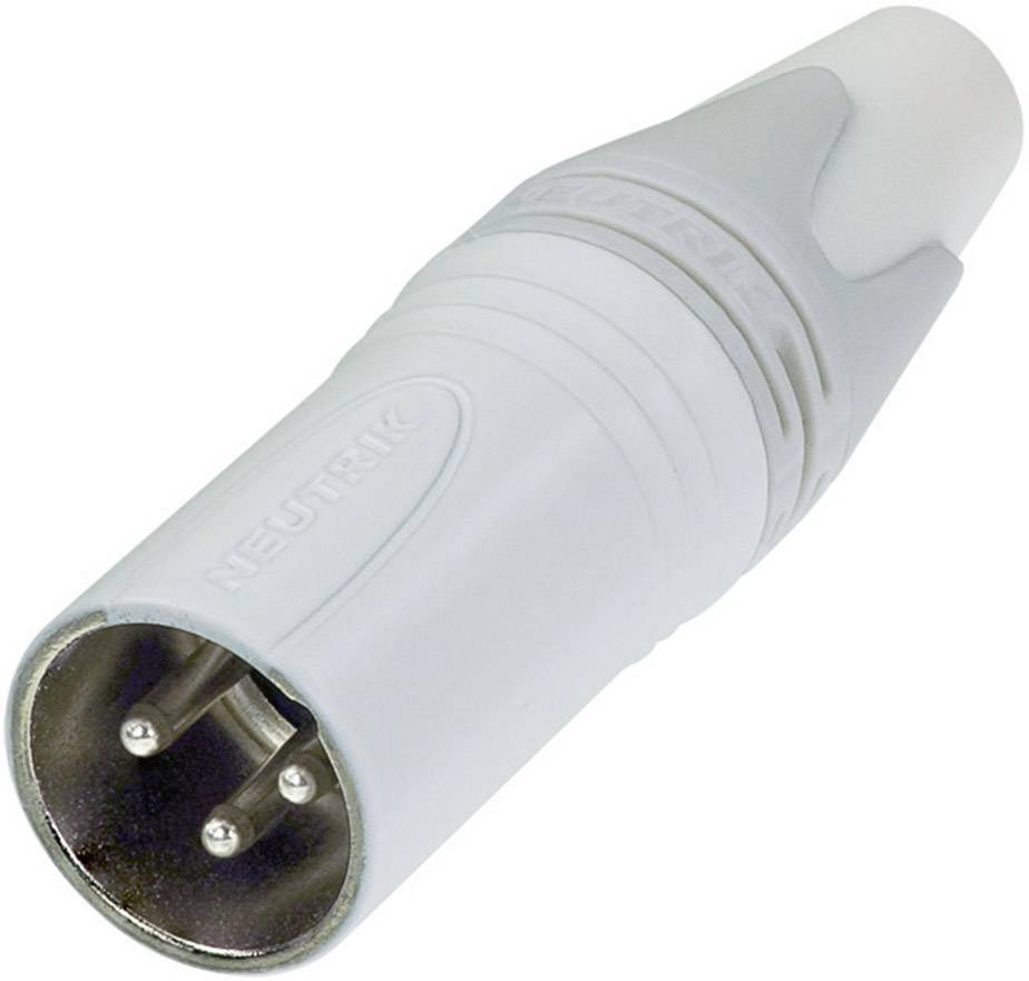 XLR plug, silver, three-pin, by Neutrik. Commonly used for audio and microphone connections in professional applications.