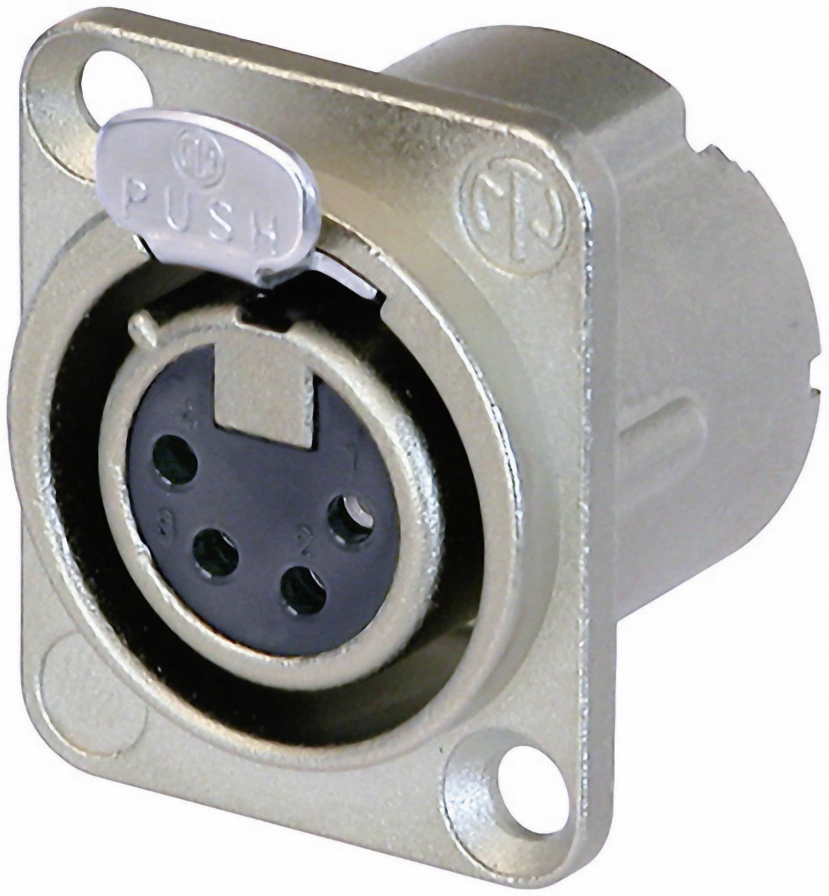 Silver-coloured XLR connector with four-pin connection and round housing; a 'PUSH' mechanism is visible in the top left.