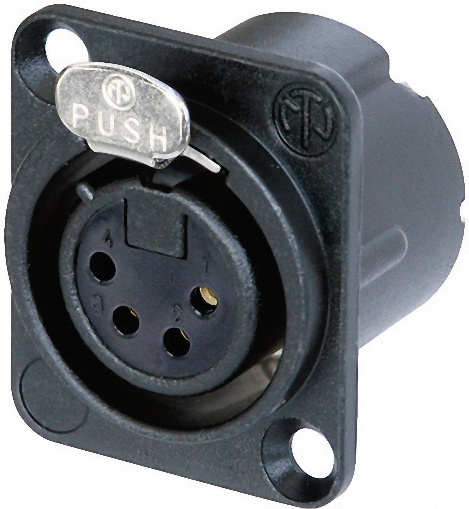 'A black 3-pole XLR socket with a silver push button, labelled PUSH, for locking and releasing an XLR plug.'