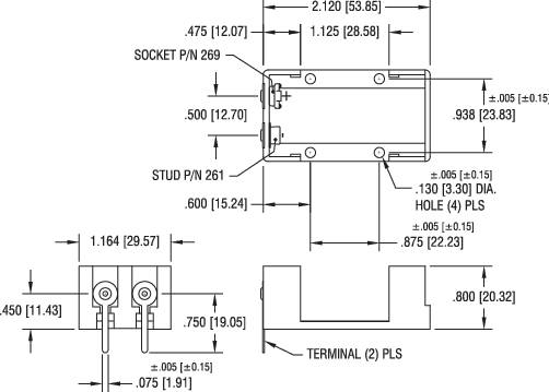 Technical drawing of an electrical connector with dimensions in inches and millimetres. Shows positions of socket, pin, and terminals.