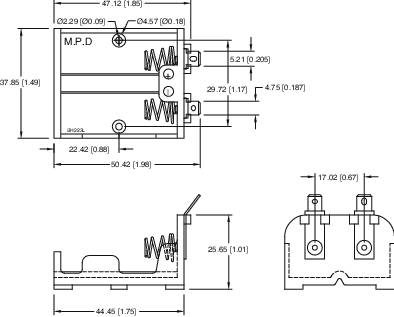 Technical drawing of a mechanical component with dimensions and labels in inches, showing front and side views.