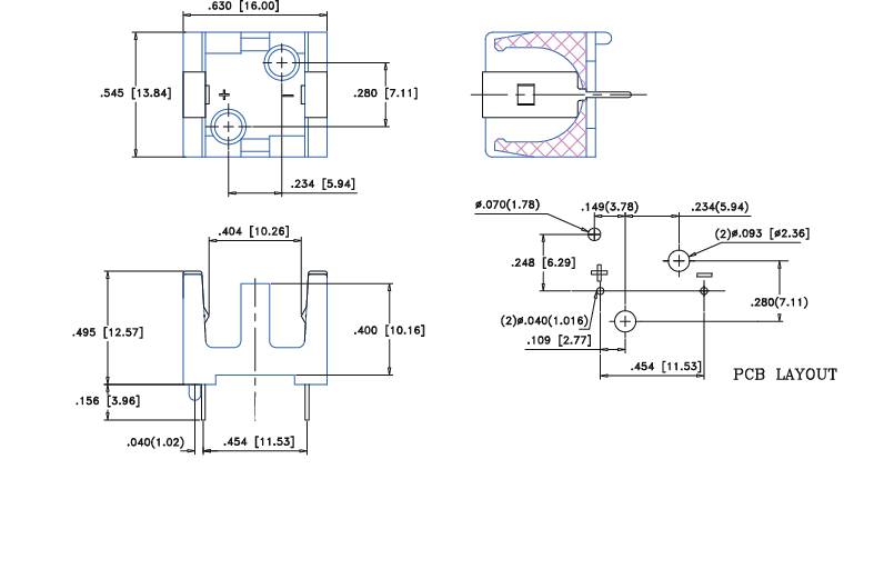 'Technical drawing of a connector with dimensions in inches and millimetres, showing front view, side view and PCB layout.'
