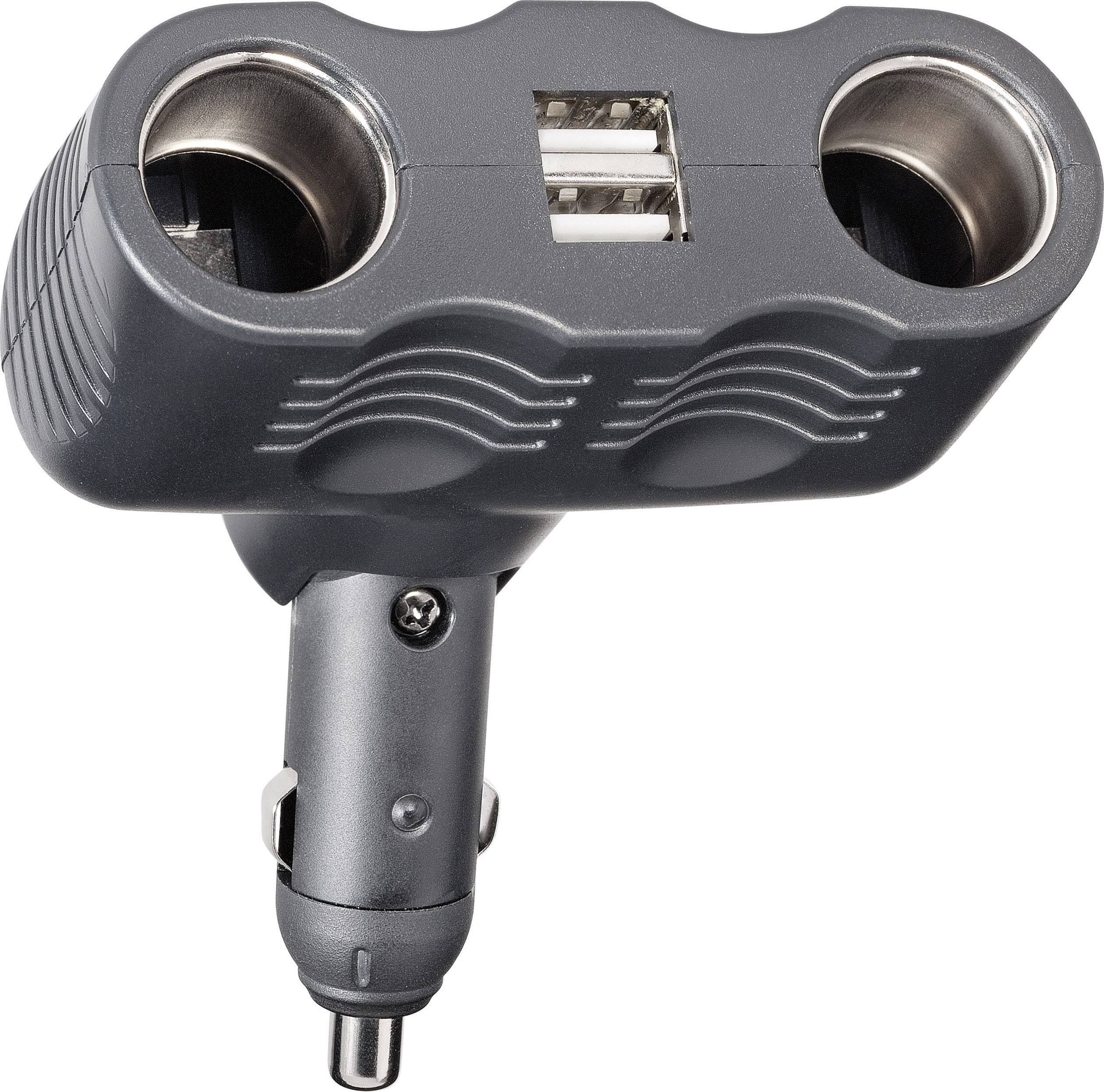Vehicle power adapter with two cigarette lighter sockets and a dual USB port, suitable for use in a car's cigarette lighter socket.