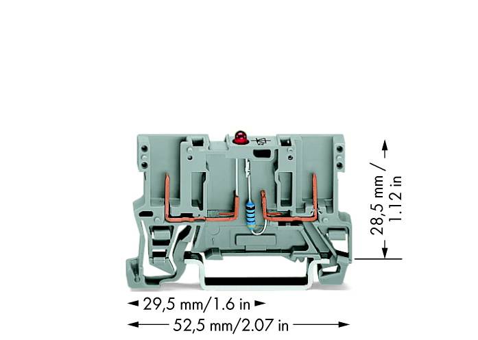 A grey electrical terminal block with a blue component in the centre, dimensions: 29.5 mm height, 52.5 mm width.