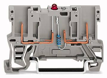 Grey electronic clamp with a blue resistor and copper-coloured conductors. A red component is visible at the top.
