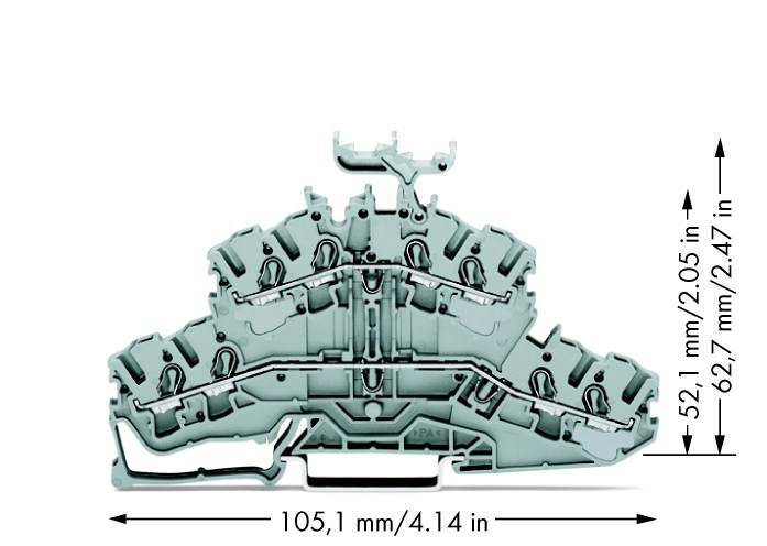 Illustration of a grey electrical terminal block with mechanism unfolded. Dimensions: width 105.1 mm, height 52.1 mm to 62.7 mm.